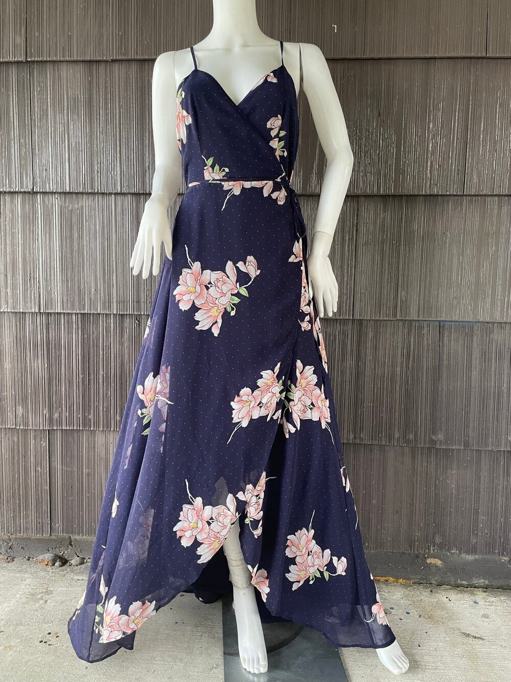 🔥Lulus Navy Blue Floral Print Polka Dot Wrap Maxi Dress Feminine Boho Romantic